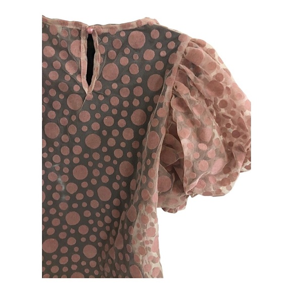 Pink sheer mesh chiffon pink suede dotted puff bubble sleeve blouse top size  M - Picture 15 of 16